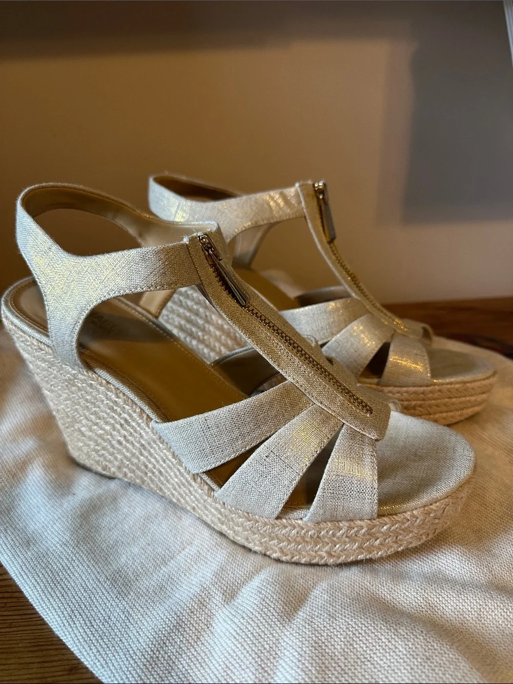 Michael KorsWomen’s Wedge Sandals with Front Zipper - Light shimmery gold